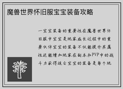 魔兽世界怀旧服宝宝装备攻略