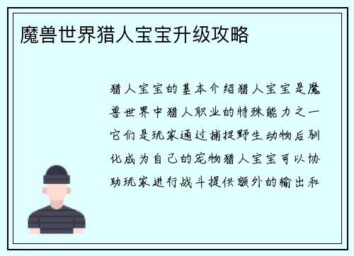 魔兽世界猎人宝宝升级攻略